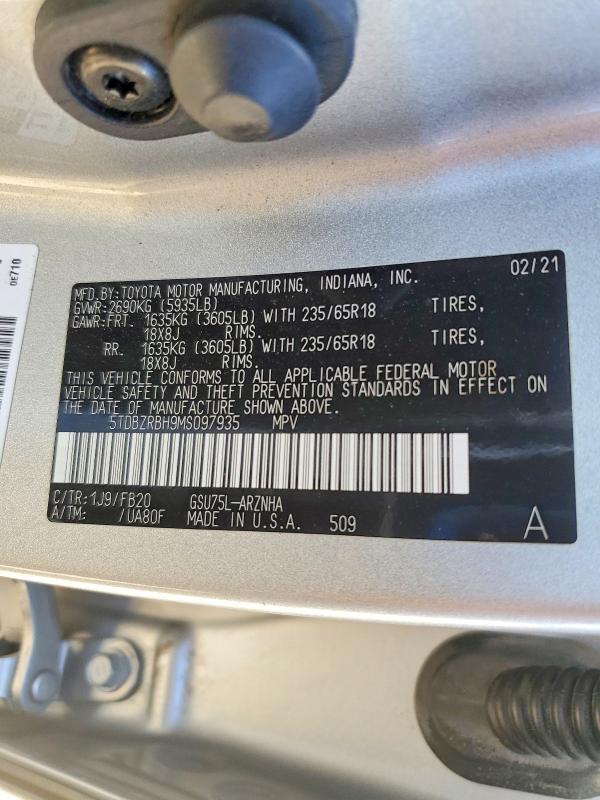 Aukcja sprzedaży 2021 Toyota Highlander, vin: 5TDBZRBH9MS097935, numer aukcji: 49919046