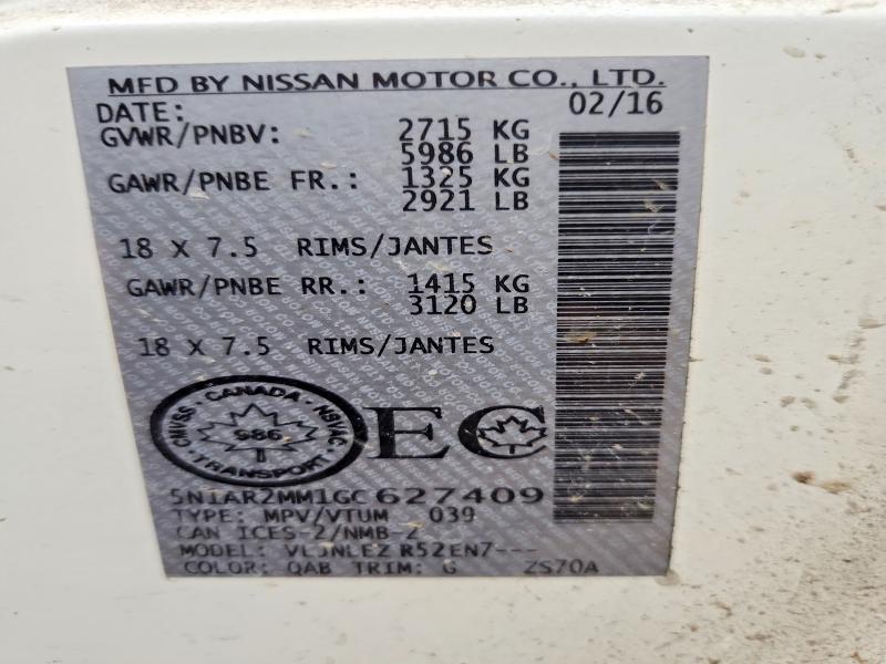 48592916 :رقم المزاد ، 5N1AR2MM1GC627409 vin ، 2016 Nissan Pathfinder مزاد بيع