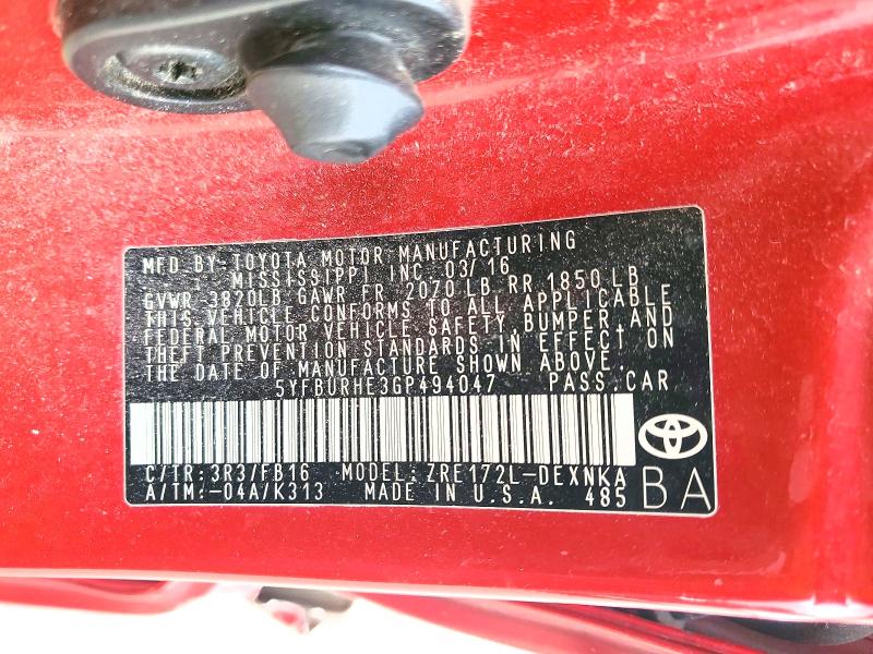 Продаж на аукціоні авто 2016 Toyota Corolla, vin: 5YFBURHE3GP494047, номер лоту: 47966906