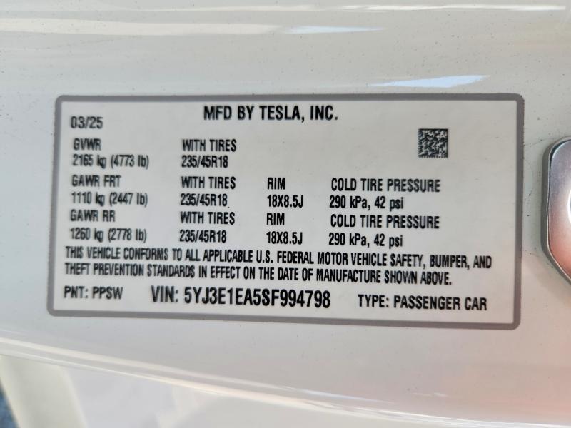Продаж на аукціоні авто 2025 Tesla Model 3, vin: 5YJ3E1EA5SF994798, номер лоту: 49916756