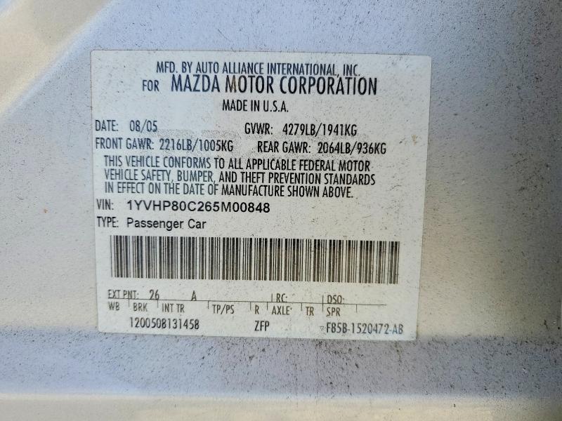 Продаж на аукціоні авто 2006 Mazda 6, vin: 1YVHP80C265M00848, номер лоту: 49222816