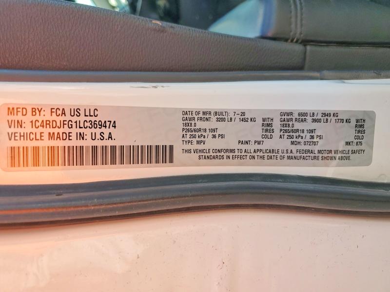 Продажа на аукционе авто 2020 Dodge Durango, vin: 1C4RDJFG1LC369474, номер лота: 49860516