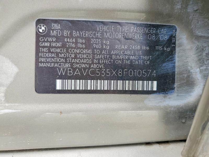 2008 Bmw 328 მანქანა იყიდება აუქციონზე, vin: WBAVC535X8F010574, აუქციონის ნომერი: 51673866
