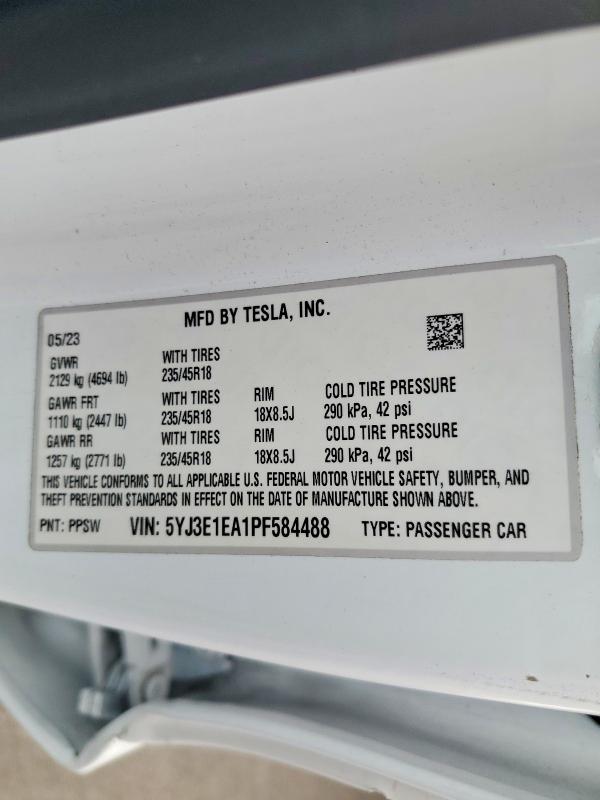 2023 Tesla Model 3 მანქანა იყიდება აუქციონზე, vin: 5YJ3E1EA1PF584488, აუქციონის ნომერი: 50508046