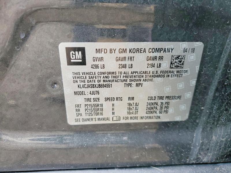 51341246 :رقم المزاد ، KL4CJASBXJB694551 vin ، 2018 Buick Encore مزاد بيع