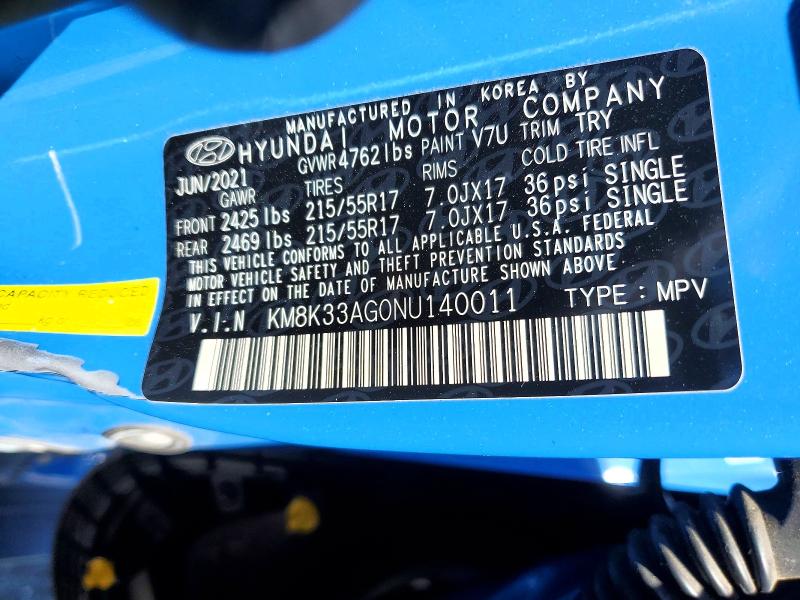 2022 Hyundai Kona მანქანა იყიდება აუქციონზე, vin: KM8K33AG0NU140011, აუქციონის ნომერი: 50266016
