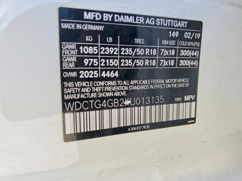 Auction sale of the 2019 Mercedes-benz Gla, vin: WDCTG4GB2KU013135, lot number: 50526626