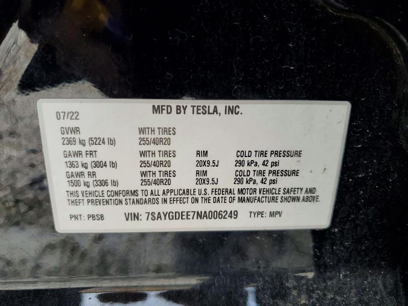 2022 Tesla Model Y მანქანა იყიდება აუქციონზე, vin: 7SAYGDEE7NA006249, აუქციონის ნომერი: 49301376