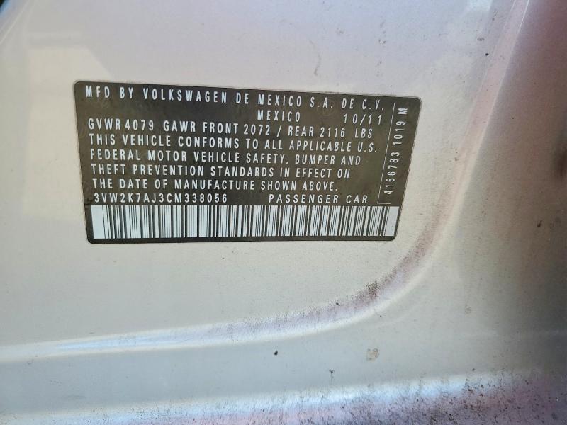 2012 Volkswagen Jetta მანქანა იყიდება აუქციონზე, vin: 3VW2K7AJ3CM338056, აუქციონის ნომერი: 49603886