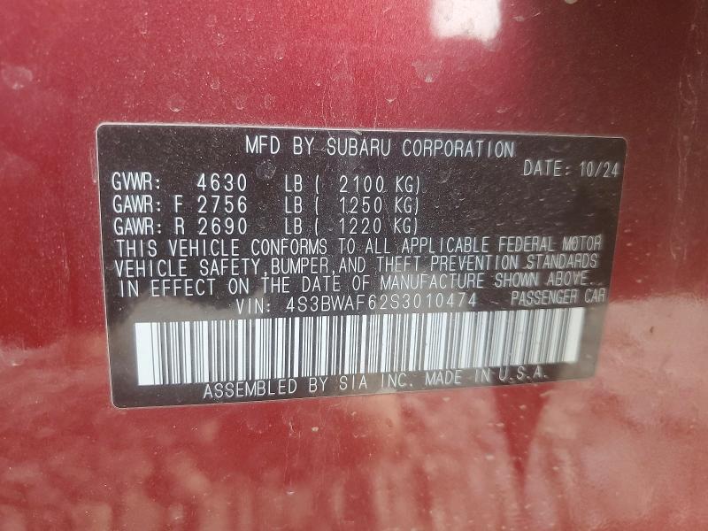 50197466 :رقم المزاد ، 4S3BWAF62S3010474 vin ، 2025 Subaru Legacy مزاد بيع