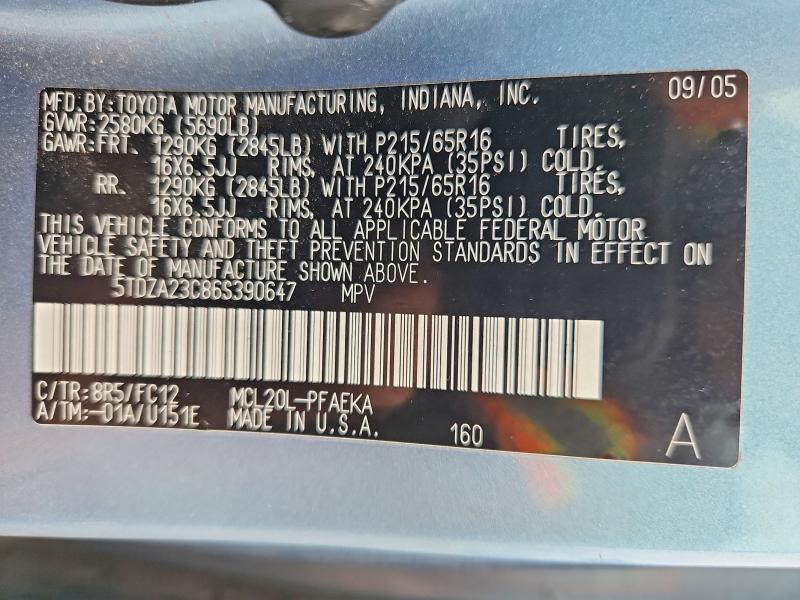 50512906 :رقم المزاد ، 5TDZA23C86S390647 vin ، 2006 Toyota Sienna مزاد بيع