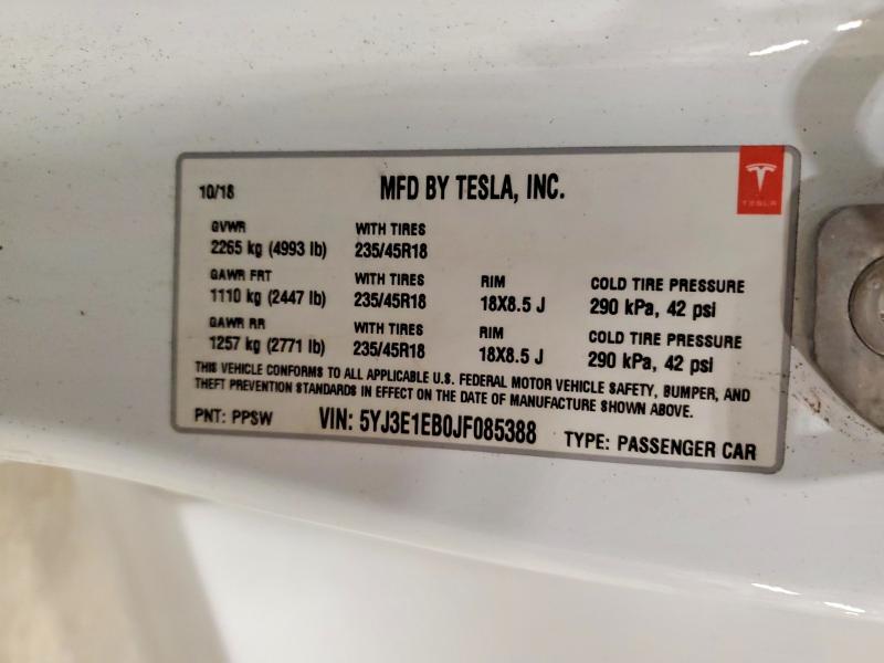Продаж на аукціоні авто 2018 Tesla Model 3, vin: 5YJ3E1EB0JF085388, номер лоту: 49770206