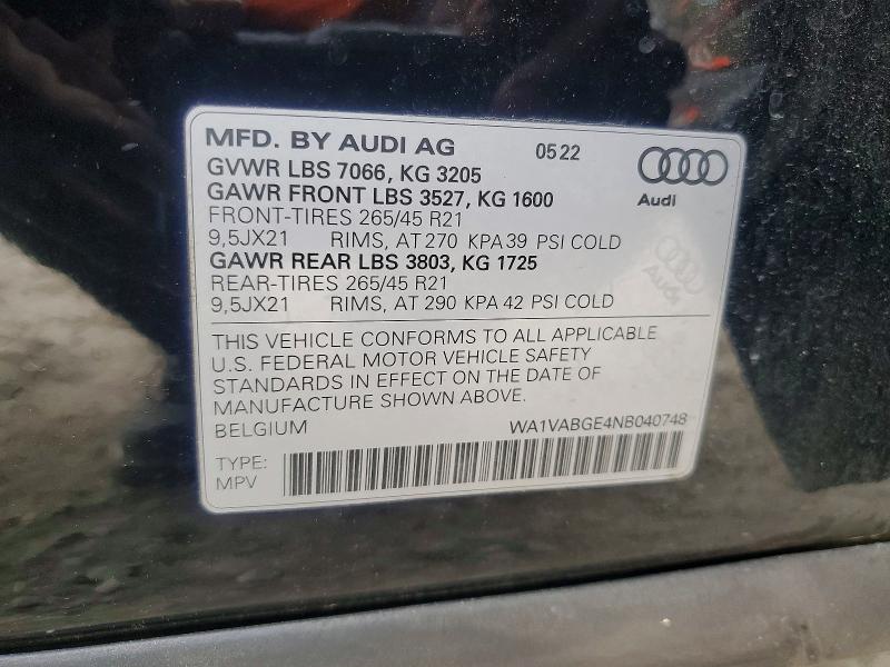 2022 Audi E-tron მანქანა იყიდება აუქციონზე, vin: WA1VABGE4NB040748, აუქციონის ნომერი: 51366566
