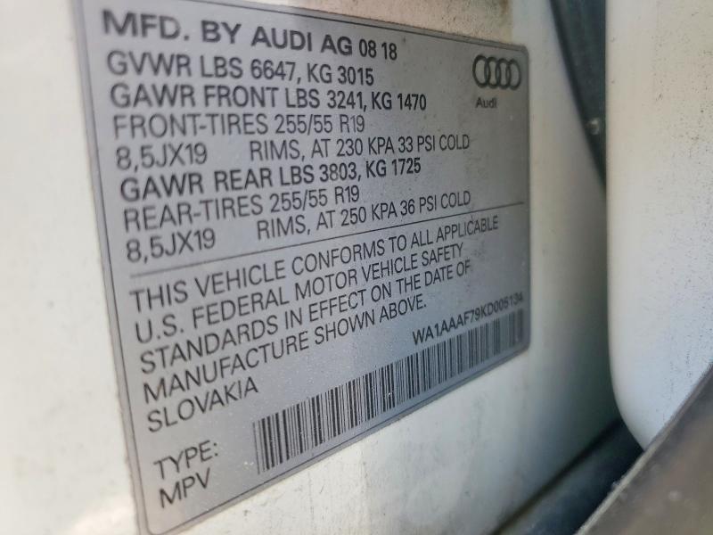 2019 Audi Q7 მანქანა იყიდება აუქციონზე, vin: WA1AAAF79KD005134, აუქციონის ნომერი: 50645316