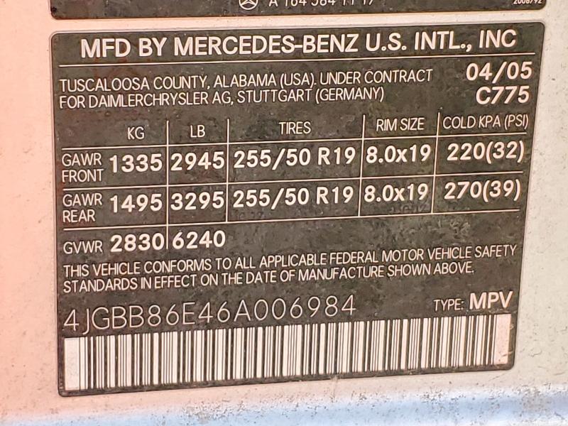 2006 Mercedes-benz Ml მანქანა იყიდება აუქციონზე, vin: 4JGBB86E46A006984, აუქციონის ნომერი: 51621446