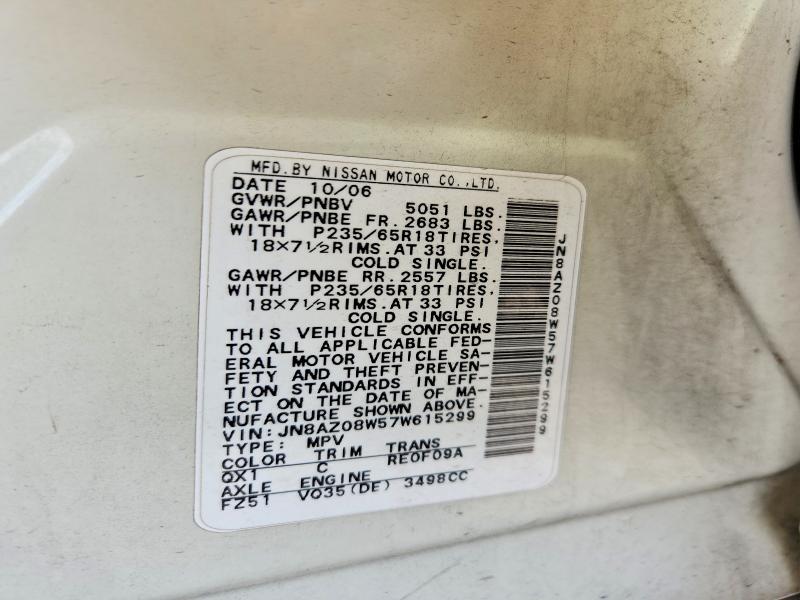 Aukcja sprzedaży 2007 Nissan Murano, vin: JN8AZ08W57W615299, numer aukcji: 51107676