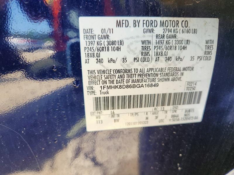 50434486 :رقم المزاد ، 1FMHK8D86BGA16849 vin ، 2011 Ford Explorer مزاد بيع