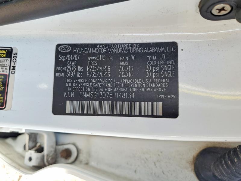 51034376 :رقم المزاد ، 5NMSG13D78H148134 vin ، 2008 Hyundai Santa Fe مزاد بيع