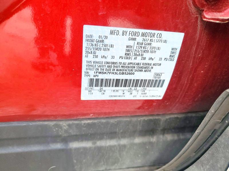 51782916 :رقم المزاد ، 1FMSK7FH3LGB52600 vin ، 2020 Ford Explorer مزاد بيع