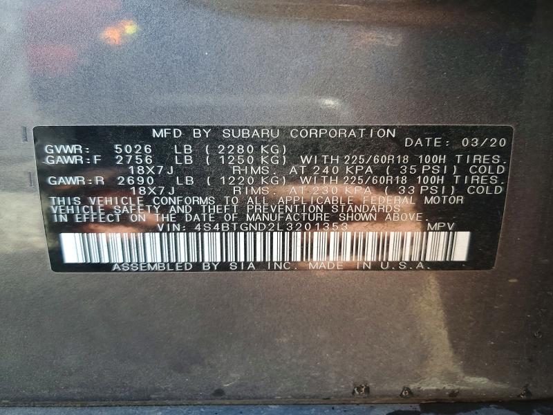 49242226 :رقم المزاد ، 4S4BTGND2L3201353 vin ، 2020 Subaru Outback مزاد بيع