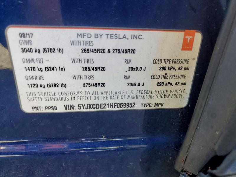 2017 Tesla Model X მანქანა იყიდება აუქციონზე, vin: 5YJXCDE21HF059952, აუქციონის ნომერი: 48670356