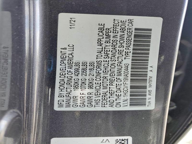 Продажа на аукционе авто 2022 Honda Accord, vin: 1HGCV1F19NA004443, номер лота: 47896696