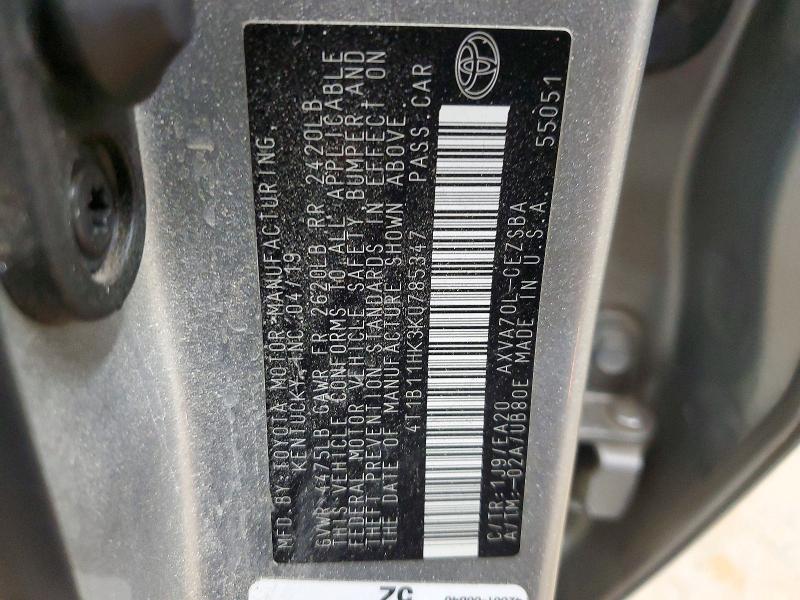 49708226 :رقم المزاد ، 4T1B11HK3KU785347 vin ، 2019 Toyota Camry مزاد بيع