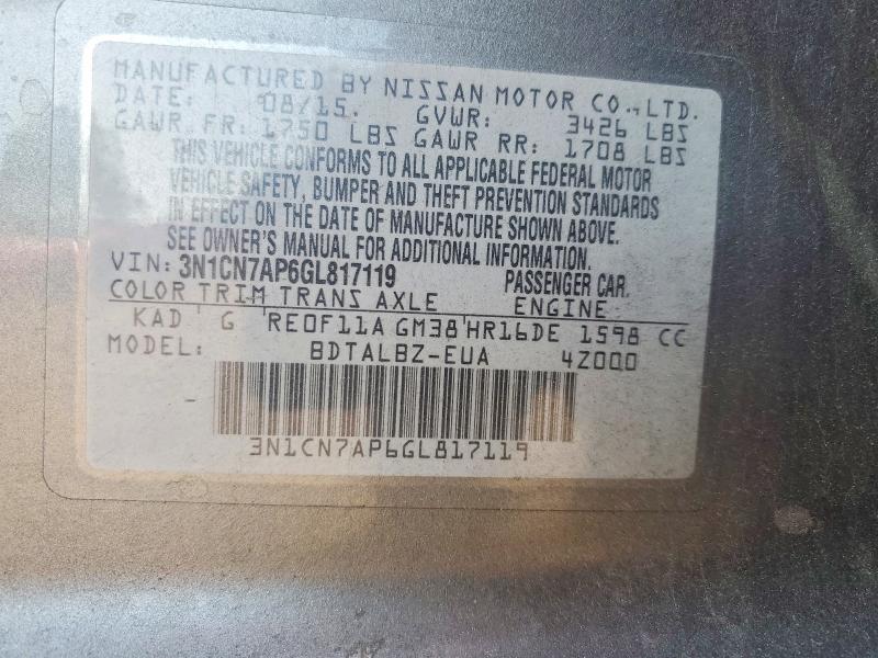 51045196 :رقم المزاد ، 3N1CN7AP6GL817119 vin ، 2016 Nissan Versa مزاد بيع