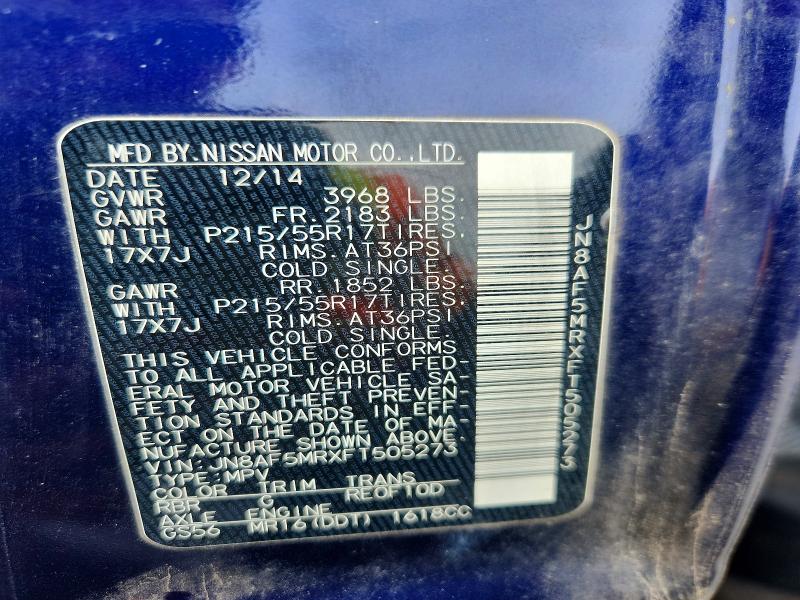 50470356 :رقم المزاد ، JN8AF5MRXFT505273 vin ، 2015 Nissan Juke مزاد بيع