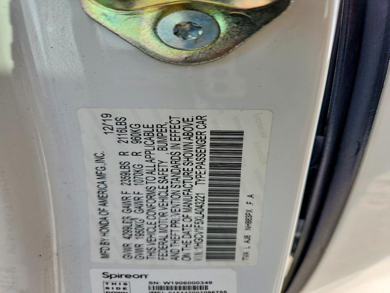 2020 Honda Accord მანქანა იყიდება აუქციონზე, vin: 1HGCV1F5XLA043221, აუქციონის ნომერი: 49462996