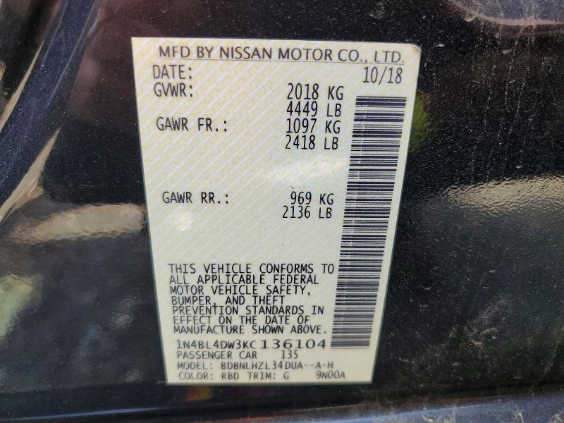 Продаж на аукціоні авто 2019 Nissan Altima, vin: 1N4BL4DW3KC136104, номер лоту: 48310346