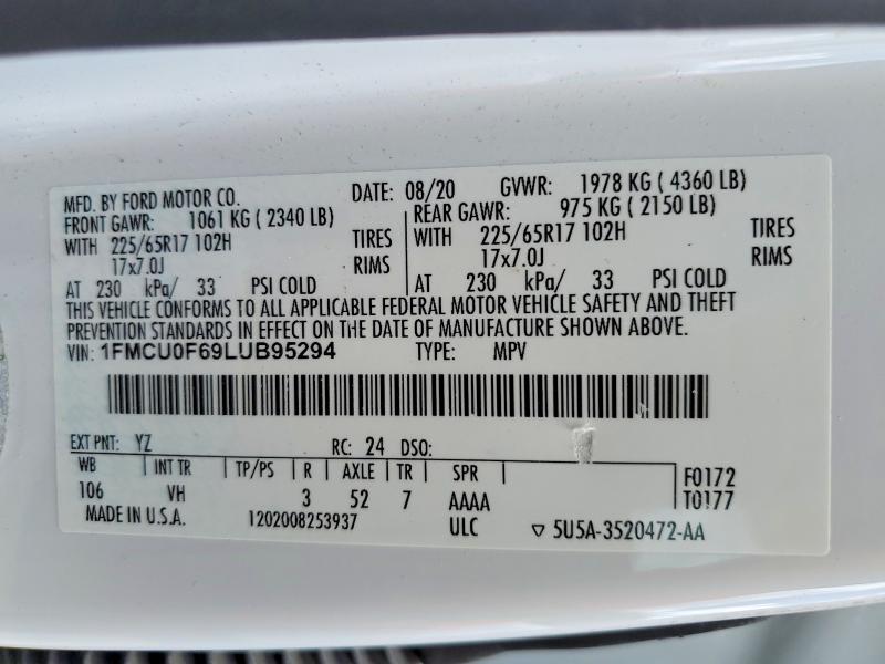 2020 Ford Escape მანქანა იყიდება აუქციონზე, vin: 1FMCU0F69LUB95294, აუქციონის ნომერი: 48413196