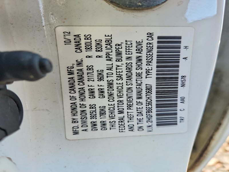Aukcja sprzedaży 2012 Honda Civic, vin: 2HGFB6E56CH706807, numer aukcji: 51884266