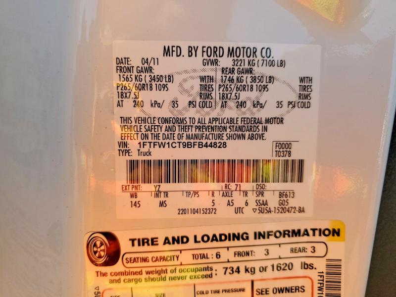 51864696 :رقم المزاد ، 1FTFW1CT9BFB44828 vin ، 2011 Ford F150 مزاد بيع