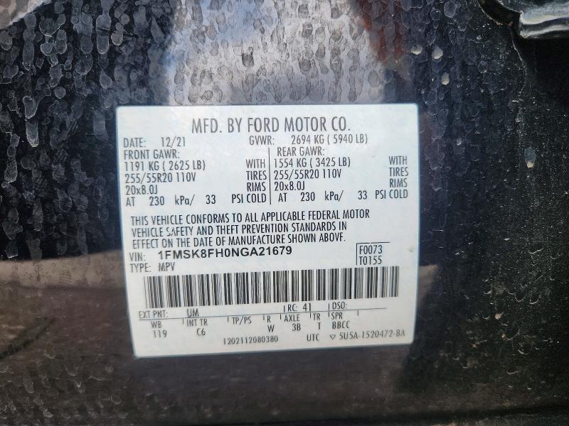 Aukcja sprzedaży 2022 Ford Explorer, vin: 1FMSK8FH0NGA21679, numer aukcji: 49494046
