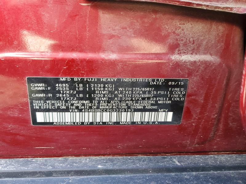 50586746 :رقم المزاد ، 4S4BSBCC0G3230193 vin ، 2016 Subaru Outback مزاد بيع