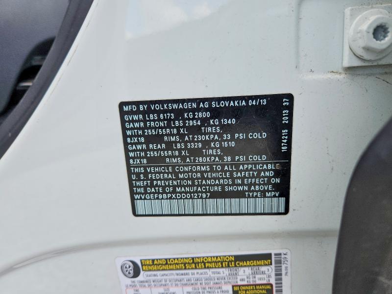 2013 Volkswagen Touareg მანქანა იყიდება აუქციონზე, vin: WVGEF9BPXDD012797, აუქციონის ნომერი: 51562296
