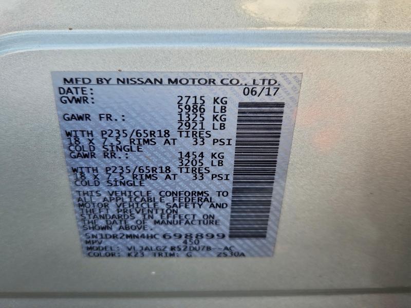 Aukcja sprzedaży 2017 Nissan Pathfinder, vin: 5N1DR2MN4HC698899, numer aukcji: 50624356