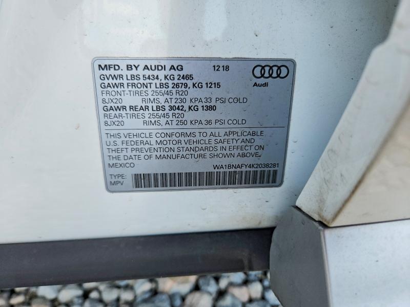 2019 Audi Q5 მანქანა იყიდება აუქციონზე, vin: WA1BNAFY4K2038281, აუქციონის ნომერი: 51686196