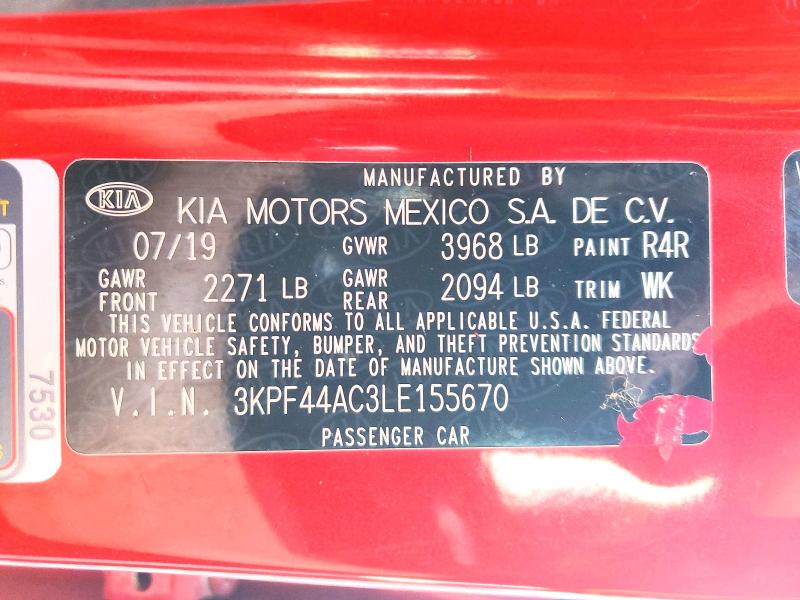 2020 Kia Forte მანქანა იყიდება აუქციონზე, vin: 3KPF44AC3LE155670, აუქციონის ნომერი: 46091006