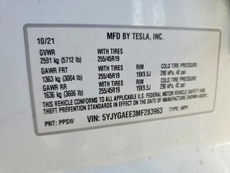 2021 Tesla Model Y მანქანა იყიდება აუქციონზე, vin: 5YJYGAEE3MF283963, აუქციონის ნომერი: 50264156