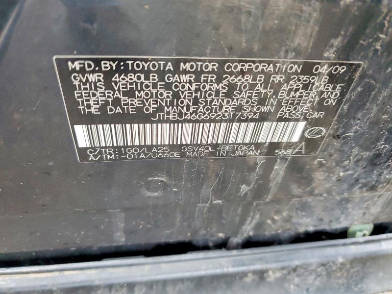 Aukcja sprzedaży 2009 Lexus Es, vin: JTHBJ46G692317394, numer aukcji: 49710576