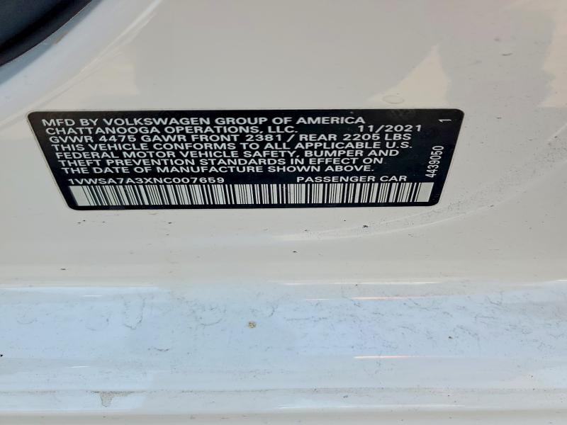 2022 Volkswagen Passat მანქანა იყიდება აუქციონზე, vin: 1VWSA7A3XNC007659, აუქციონის ნომერი: 50101496