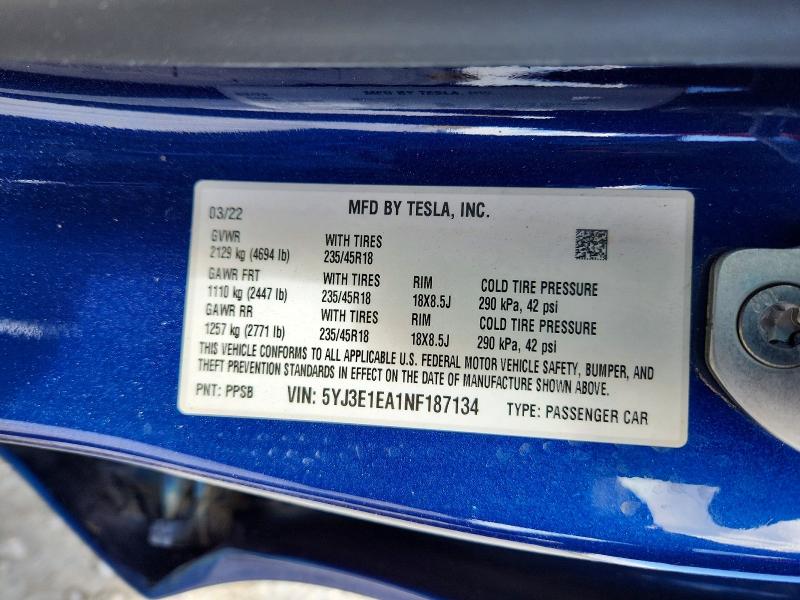 Продаж на аукціоні авто 2022 Tesla Model 3, vin: 5YJ3E1EA1NF187134, номер лоту: 48547346