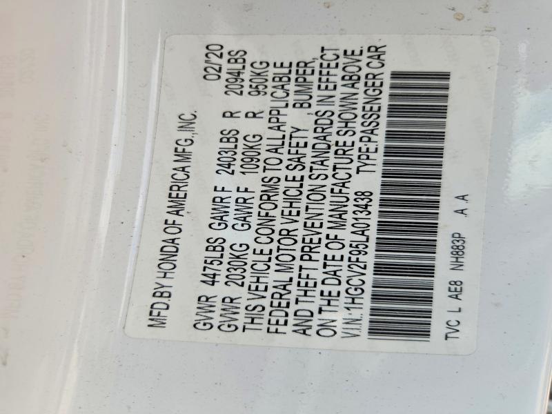 51078616 :رقم المزاد ، 1HGCV2F95LA013438 vin ، 2020 Honda Accord مزاد بيع