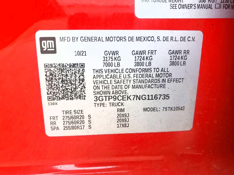 Продажа на аукционе авто 2022 Gmc Sierra Limited, vin: 3GTP9CEK7NG116735, номер лота: 49928176
