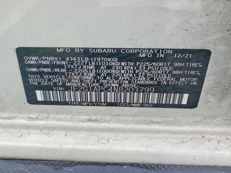 Aukcja sprzedaży 2022 Subaru Crosstrek, vin: JF2GTAPC4N8203799, numer aukcji: 50506866