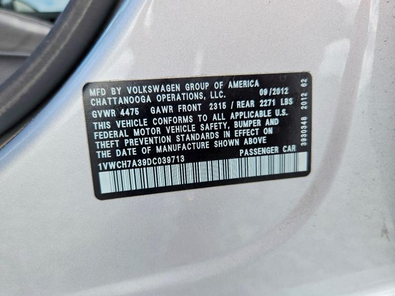 2013 Volkswagen Passat მანქანა იყიდება აუქციონზე, vin: 1VWCH7A39DC039713, აუქციონის ნომერი: 49219446