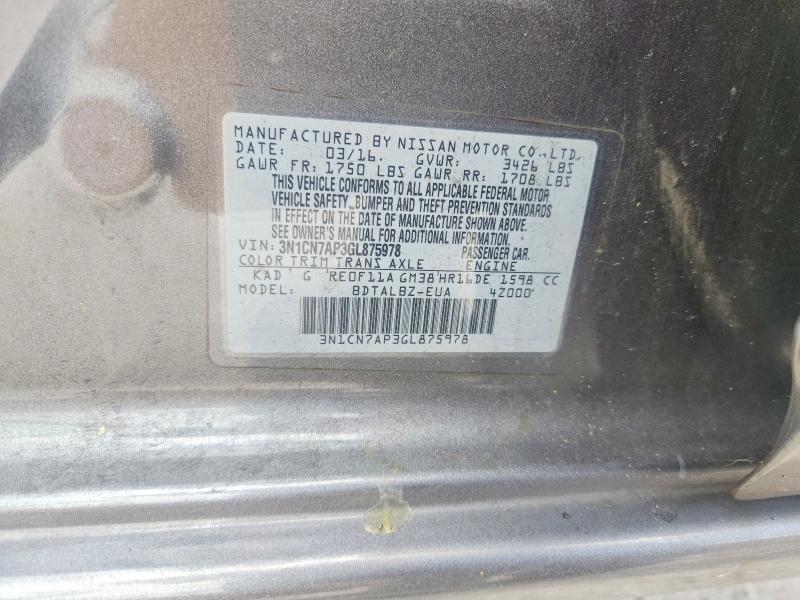 50277296 :رقم المزاد ، 3N1CN7AP3GL875978 vin ، 2016 Nissan Versa مزاد بيع