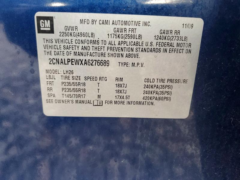 50096766 :رقم المزاد ، 2CNALPEWXA6276689 vin ، 2010 Chevrolet Equinox مزاد بيع